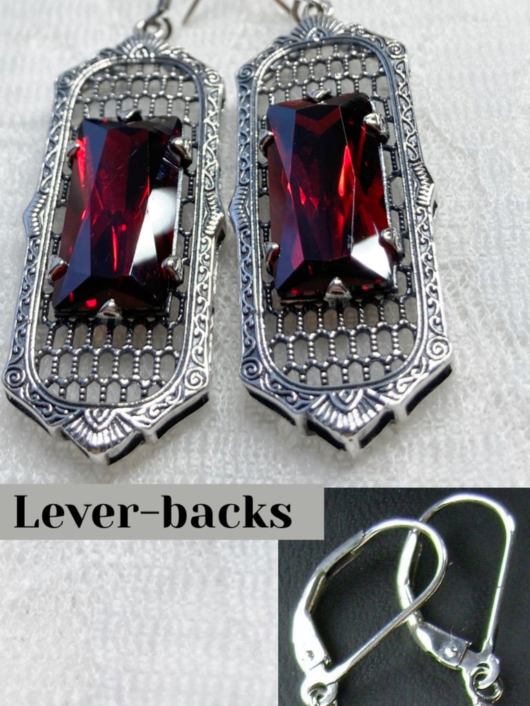 Red Garnet CZ (Cubic Zirconia) Art Deco Earrings, Baguette Gem, 1930s Reproduction Jewelry, Sterling silver filigree, Silver Embrace Jewelry, E16 leverbacks