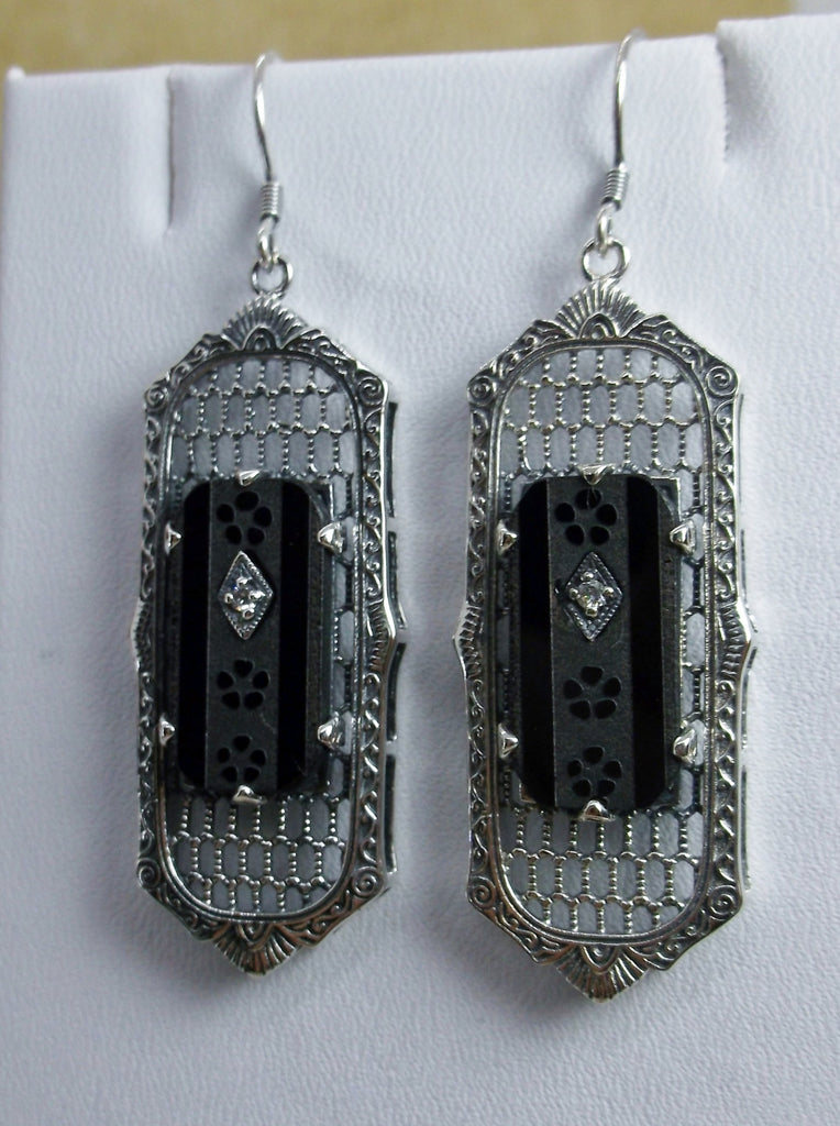 Black Camphor Glass Art Deco Earrings, Baguette Gem, 1930s Reproduction Jewelry, Sterling silver filigree, Silver Embrace Jewelry, E16