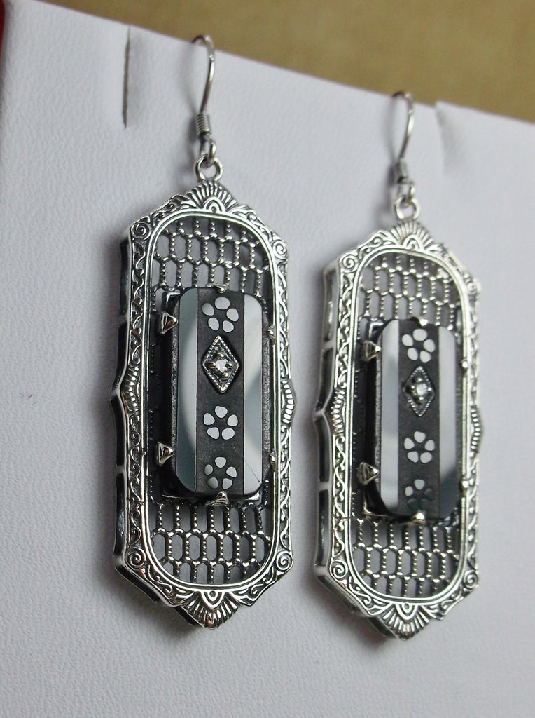 Black Camphor Glass Art Deco Earrings, Baguette Gem, 1930s Reproduction Jewelry, Sterling silver filigree, Silver Embrace Jewelry, E16