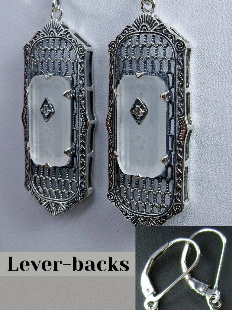 Camphor Glass Art Deco Earrings, Baguette Gem, 1930s Reproduction Jewelry, Sterling silver filigree, Silver Embrace Jewelry, E16 Leverbacks