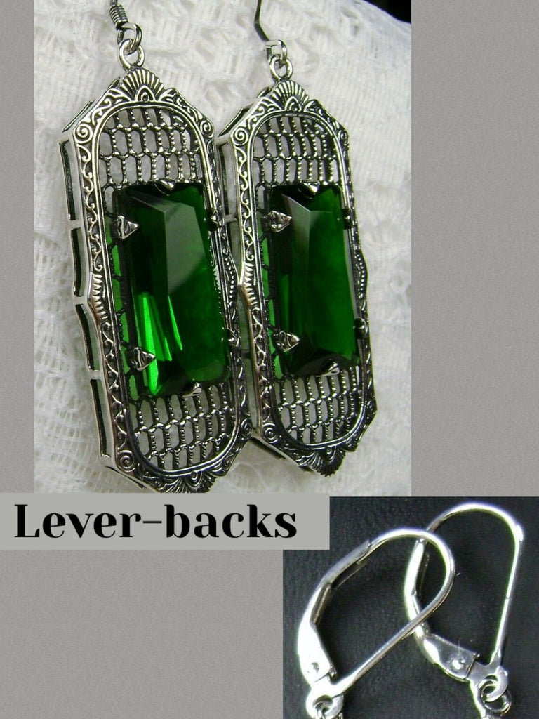 Green Emerald Art Deco Earrings, Baguette Gem, 1930s Reproduction Jewelry, Sterling silver filigree, Silver Embrace Jewelry, E16 Leverbacks