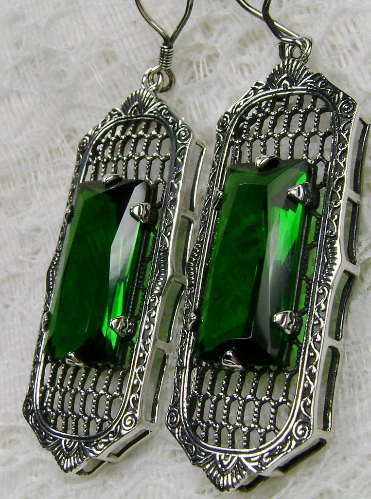 Green Emerald Art Deco Earrings, Baguette Gem, 1930s Reproduction Jewelry, Sterling silver filigree, Silver Embrace Jewelry, E16