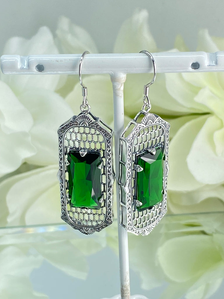 Green Emerald Earrings, Art Deco Earrings, Baguette Gem, 1930s Reproduction Jewelry, Sterling silver filigree, Silver Embrace Jewelry, E16
