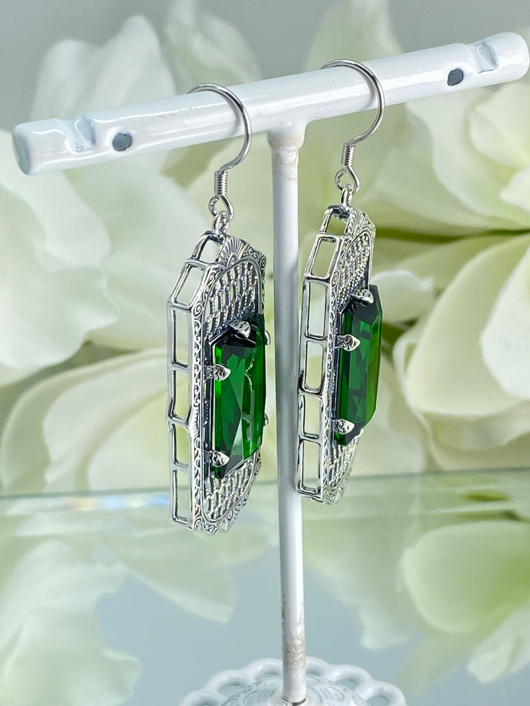 Green Emerald Earrings, Art Deco Earrings, Baguette Gem, 1930s Reproduction Jewelry, Sterling silver filigree, Silver Embrace Jewelry, E16