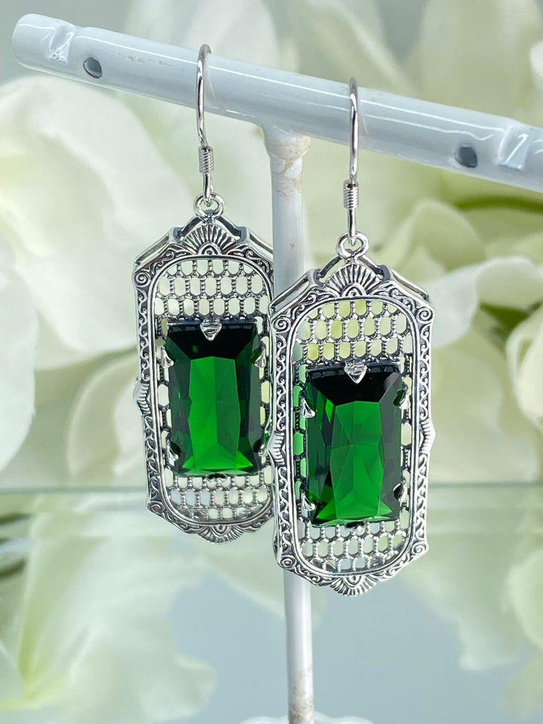 Green Emerald Earrings, Art Deco Earrings, Baguette Gem, 1930s Reproduction Jewelry, Sterling silver filigree, Silver Embrace Jewelry, E16