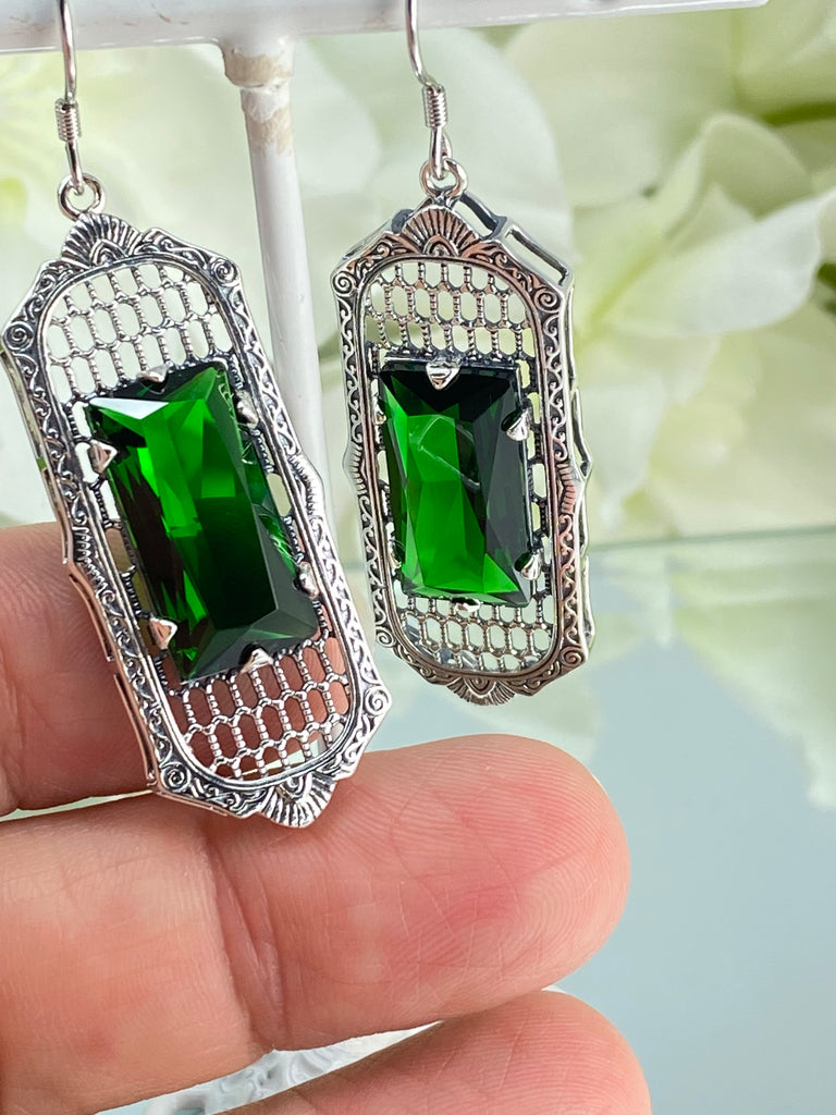 Green Emerald Earrings, Art Deco Earrings, Baguette Gem, 1930s Reproduction Jewelry, Sterling silver filigree, Silver Embrace Jewelry, E16