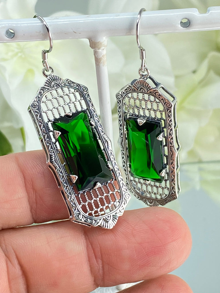 Green Emerald Earrings, Art Deco Earrings, Baguette Gem, 1930s Reproduction Jewelry, Sterling silver filigree, Silver Embrace Jewelry, E16