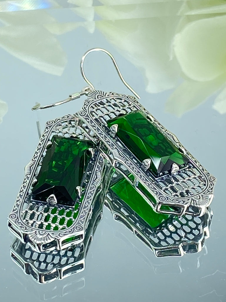 Green Emerald Earrings, Art Deco Earrings, Baguette Gem, 1930s Reproduction Jewelry, Sterling silver filigree, Silver Embrace Jewelry, E16