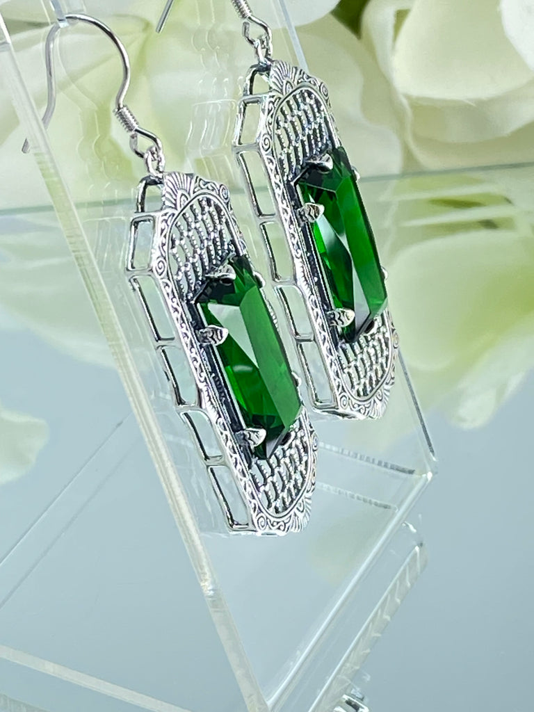 Green Emerald Earrings, Art Deco Earrings, Baguette Gem, 1930s Reproduction Jewelry, Sterling silver filigree, Silver Embrace Jewelry, E16