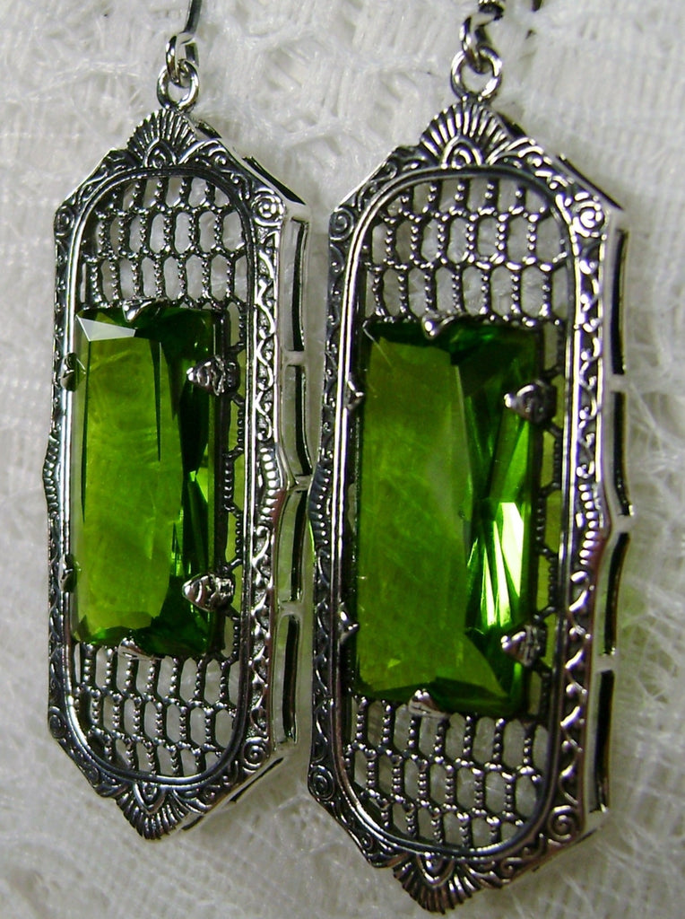 Green Peridot Art Deco Earrings, Baguette Gem, 1930s Reproduction Jewelry, Sterling silver filigree, Silver Embrace Jewelry, E16