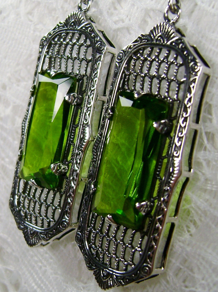 Green Peridot Art Deco Earrings, Baguette Gem, 1930s Reproduction Jewelry, Sterling silver filigree, Silver Embrace Jewelry, E16