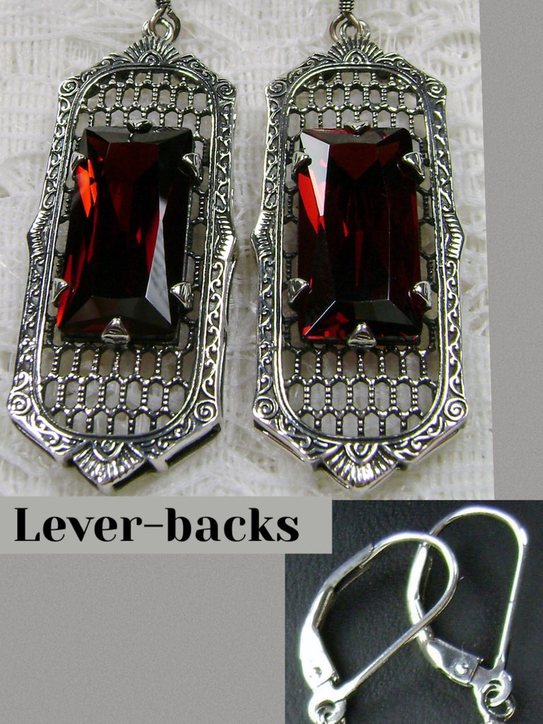 Simulated Red Garnet Art Deco Earrings, Baguette Gem, 1930s Reproduction Jewelry, Sterling silver filigree, Silver Embrace Jewelry, E16 Leverbacks