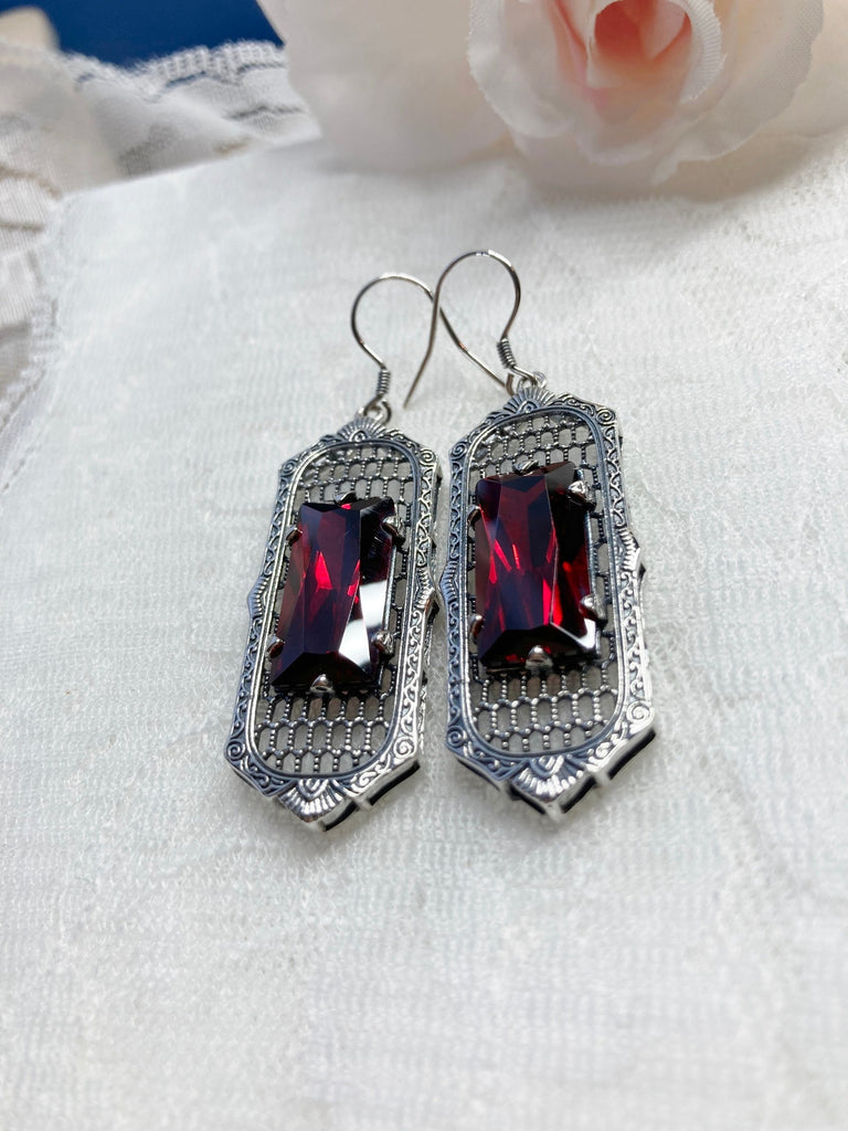 Garnet Earrings, Red Garnet CZ Gemstone Earrings, Baguette Design, Art Deco Jewelry, Vintage Jewelry, Silver Embrace Jewelry, #E16