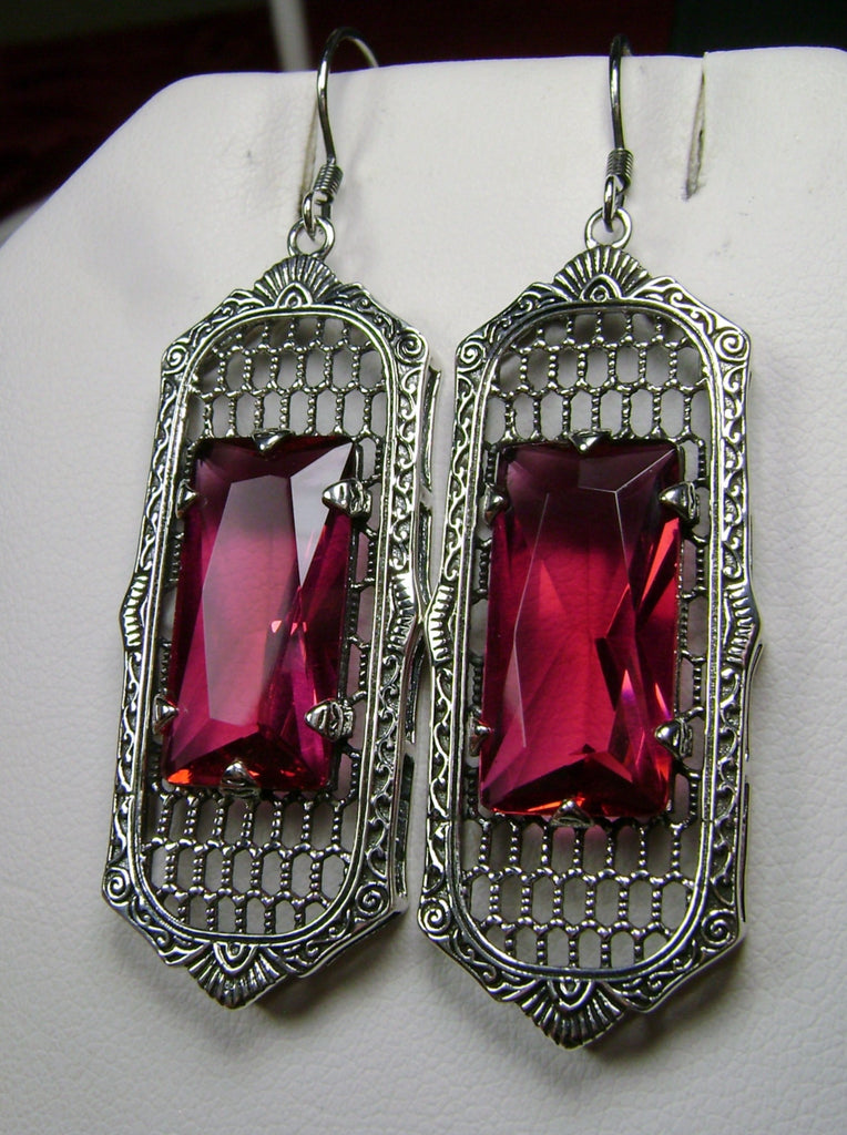 Red Ruby Art Deco Earrings, Baguette Gem, 1930s Reproduction Jewelry, Sterling silver filigree, Silver Embrace Jewelry, E16