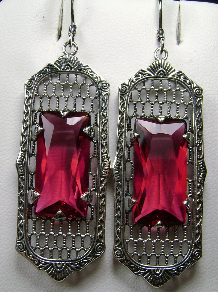 Red Ruby Art Deco Earrings, Baguette Gem, 1930s Reproduction Jewelry, Sterling silver filigree, Silver Embrace Jewelry, E16