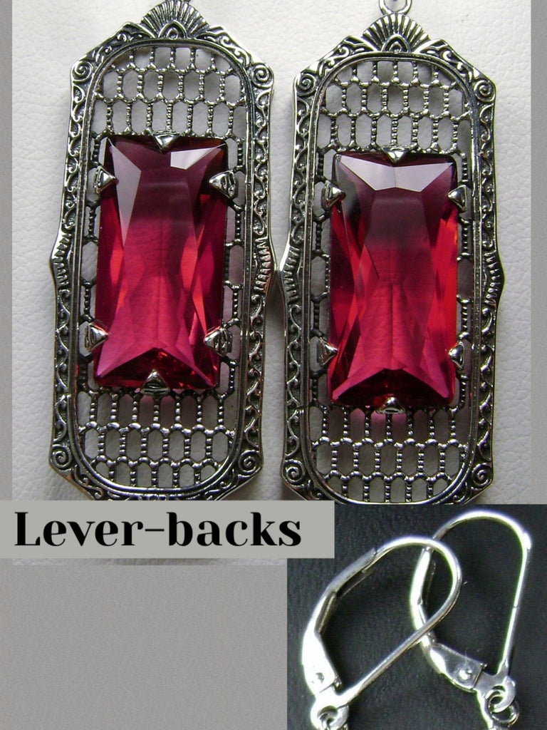 Red Ruby Art Deco Earrings, Baguette Gem, 1930s Reproduction Jewelry, Sterling silver filigree, Silver Embrace Jewelry, E16 Leverbacks