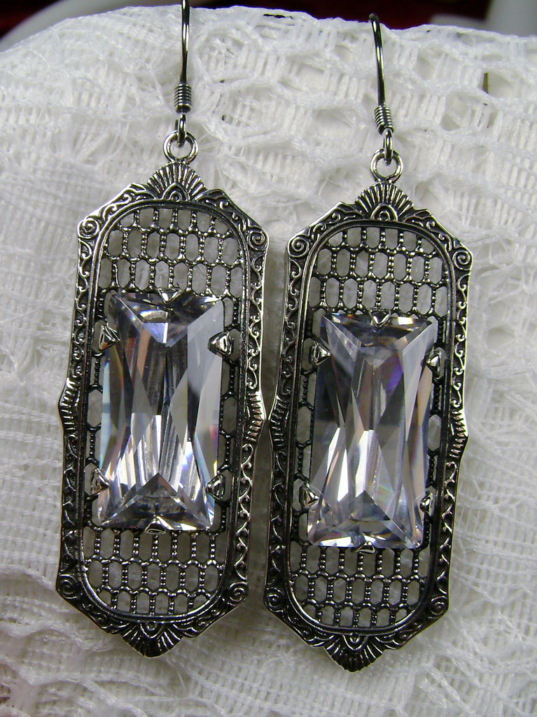 White CZ (Cubic Zirconia) Art Deco Earrings, Baguette Gem, 1930s Reproduction Jewelry, Sterling silver filigree, Silver Embrace Jewelry, E16