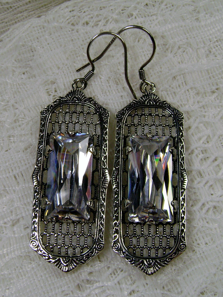White CZ (Cubic Zirconia) Art Deco Earrings, Baguette Gem, 1930s Reproduction Jewelry, Sterling silver filigree, Silver Embrace Jewelry, E16