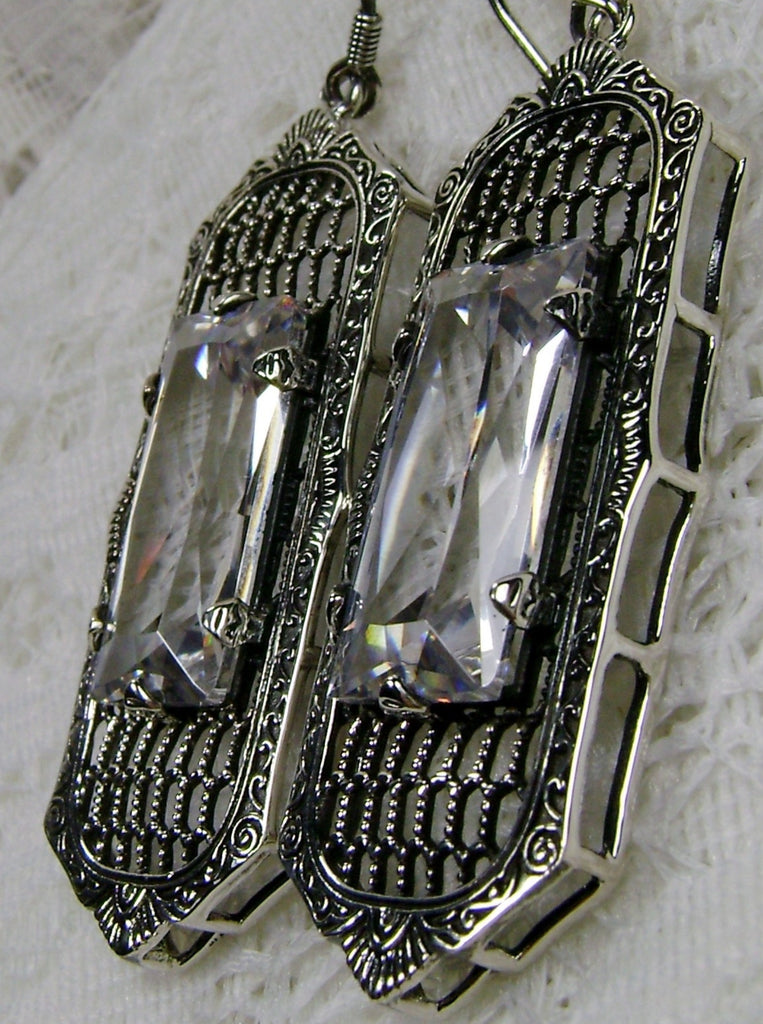 White CZ (Cubic Zirconia) Art Deco Earrings, Baguette Gem, 1930s Reproduction Jewelry, Sterling silver filigree, Silver Embrace Jewelry, E16