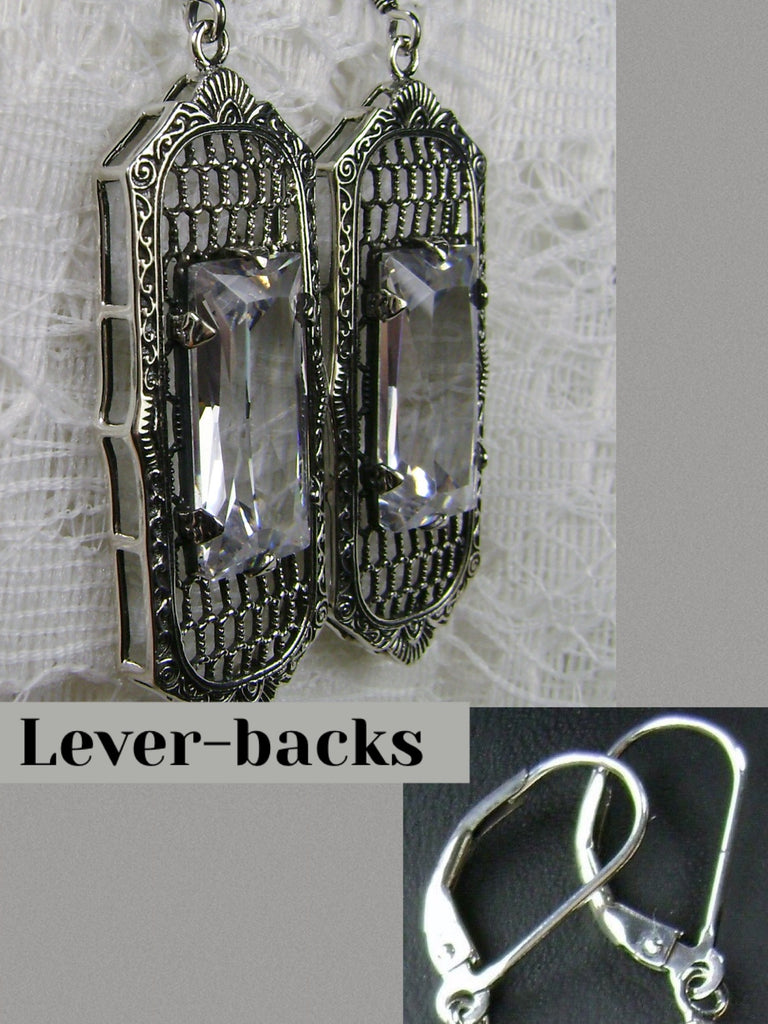 White CZ (Cubic Zirconia) Art Deco Earrings, Baguette Gem, 1930s Reproduction Jewelry, Sterling silver filigree, Silver Embrace Jewelry, E16 Leverbacks