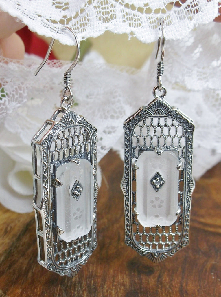 Camphor Glass Art Deco Earrings, Baguette Gem, 1930s Reproduction Jewelry, Sterling silver filigree, Silver Embrace Jewelry, E16