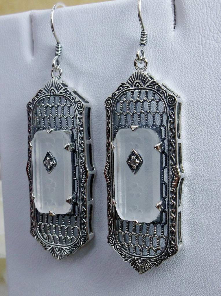 Camphor Glass Art Deco Earrings, Baguette Gem, 1930s Reproduction Jewelry, Sterling silver filigree, Silver Embrace Jewelry, E16
