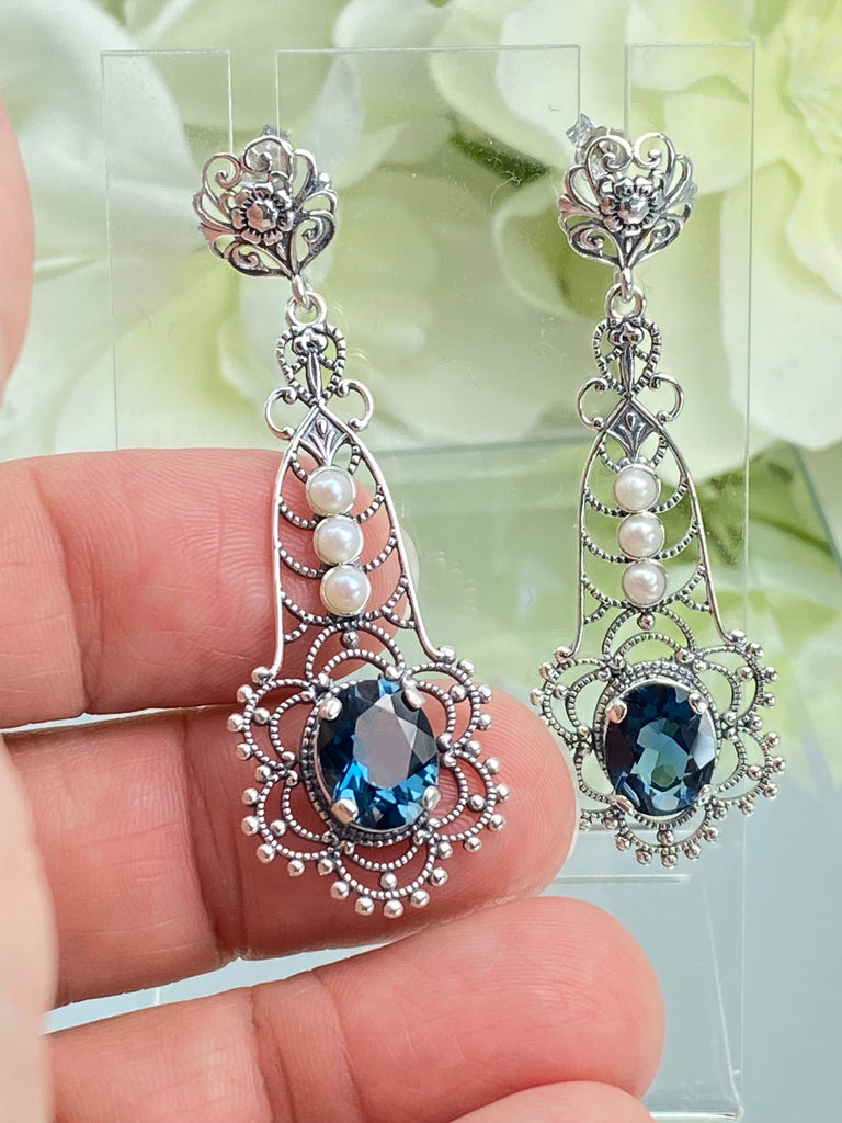 Natural London Blue Earrings, Sterling Silver Lavalier Filigree, Pearl accent, Vintage Jewelry, Silver Embrace Jewelry, #E17