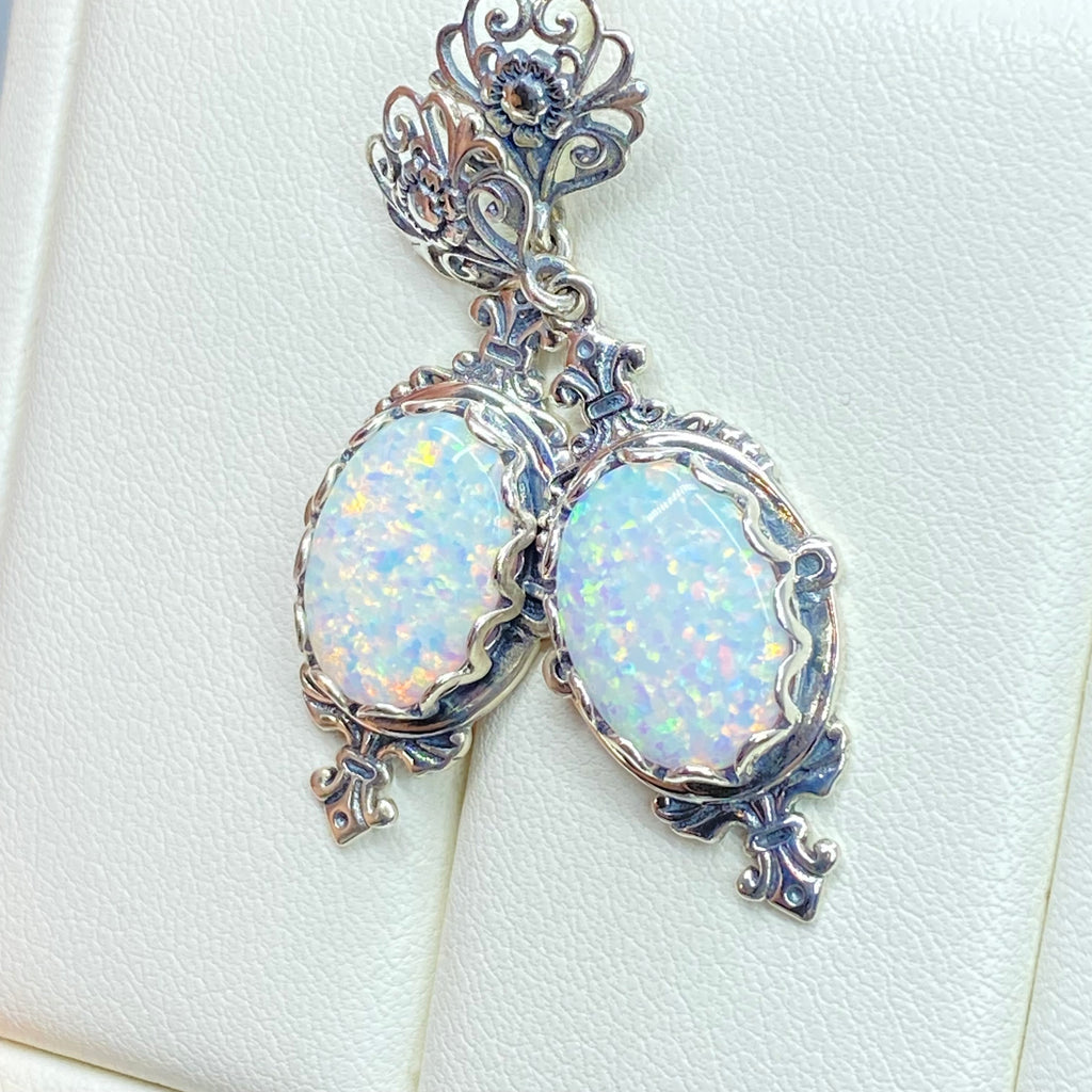 Opal Earrings, Simulated Gem, antique Victorian Filigree, Pin design, Sterling silver Jewelry, Silver Embrace Jewelry E18