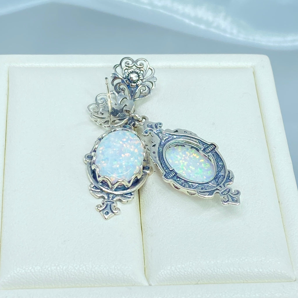 Opal Earrings, Simulated Gem, antique Victorian Filigree, Pin design, Sterling silver Jewelry, Silver Embrace Jewelry E18