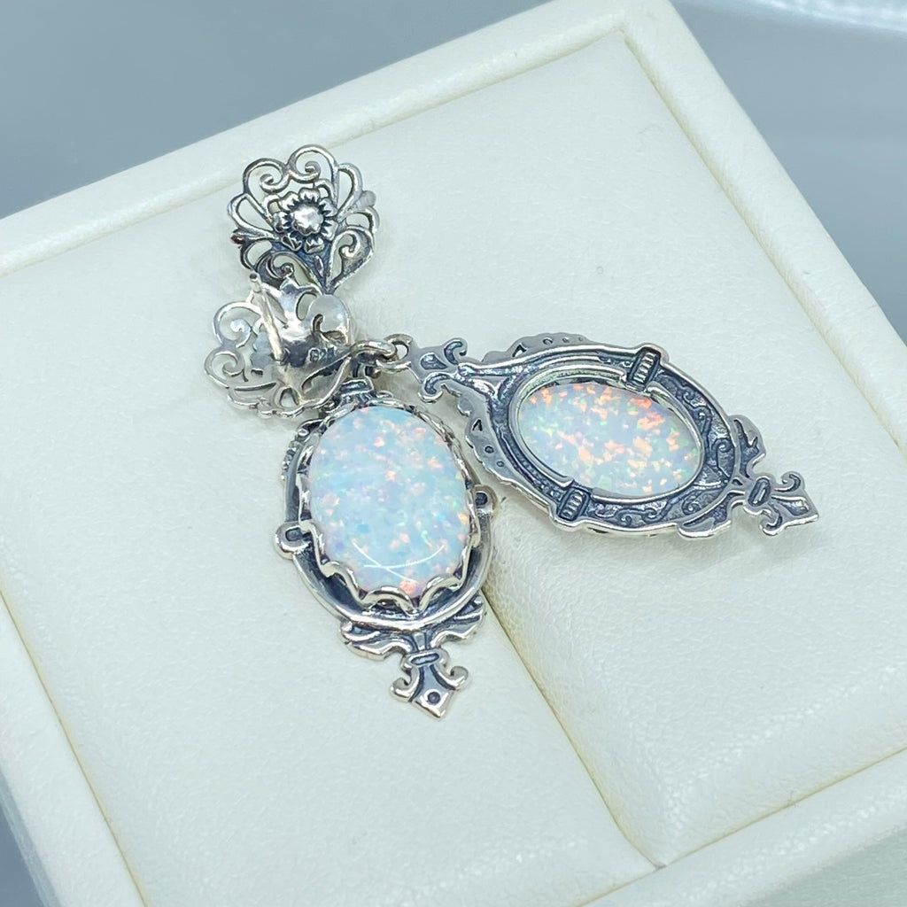 Opal Earrings, Simulated Gem, antique Victorian Filigree, Pin design, Sterling silver Jewelry, Silver Embrace Jewelry E18