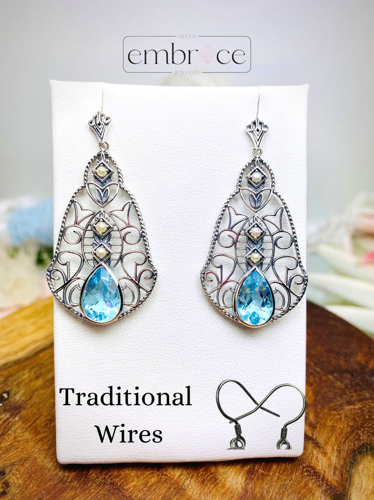 Natural Topaz Earrings, Natural Sky Blue Topaz Earrings with Pearl Accents, Lavalier Earrings, Sterling Silver Filigree, Victorian Jewelry, Silver Embrace Jewelry E22