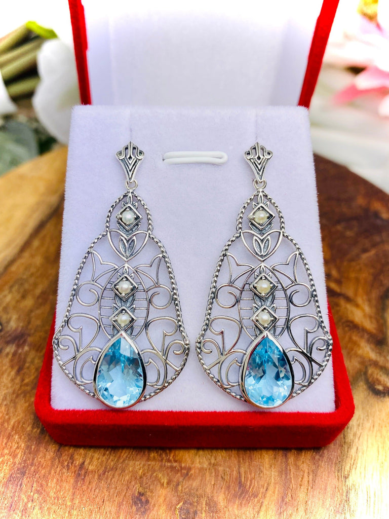 Natural Topaz Earrings, Natural Sky Blue Topaz Earrings with Pearl Accents, Lavalier Earrings, Sterling Silver Filigree, Victorian Jewelry, Silver Embrace Jewelry E22