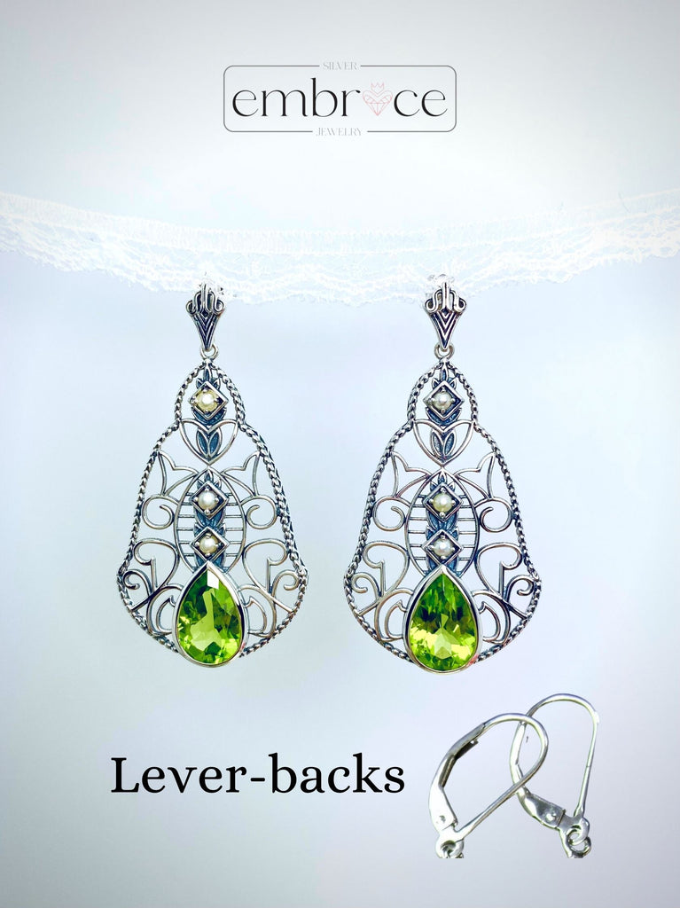 Natural Peridot Earrings, Natural Green Peridot Earrings with Pearl Accents, Lavalier Earrings, Sterling Silver Filigree, Victorian Jewelry, Silver Embrace Jewelry E22