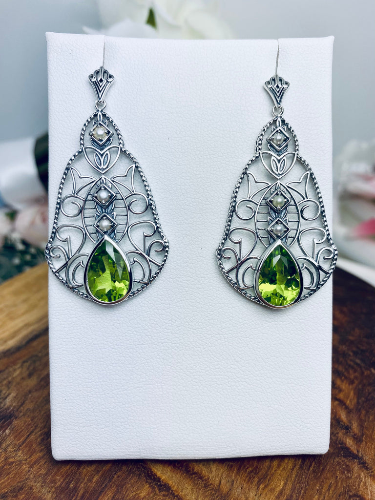 Natural Green Peridot Earrings with Pearl Accents, Lavalier Earrings, Sterling Silver Filigree, Victorian Jewelry, Silver Embrace Jewelry E22