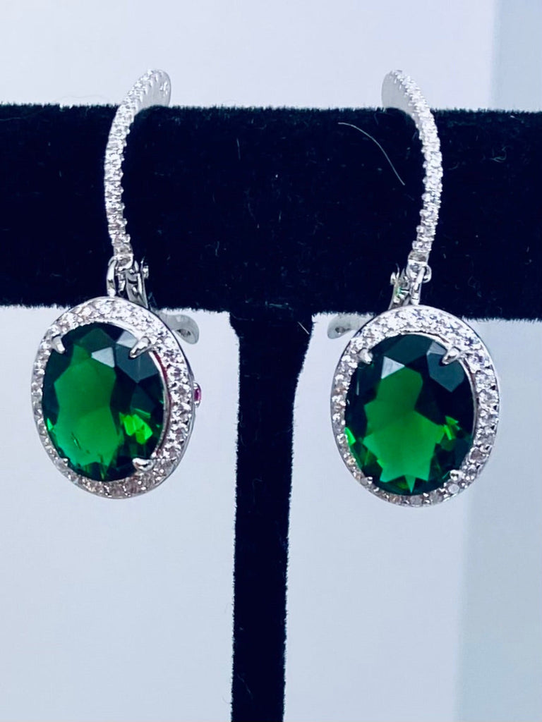 Emerald  Earrings, Halo CZ accents, Sterling silver filigree, Silver Embrace Jewelry, Art Deco Jewelry, E228