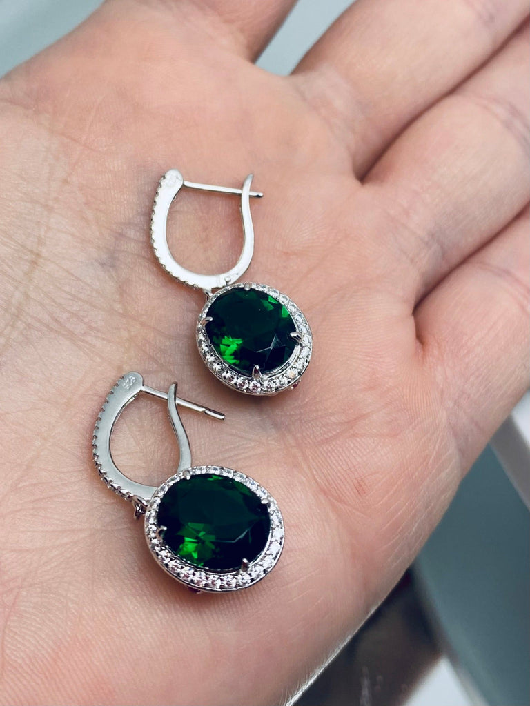 Emerald Earrings, Halo CZ accents, Sterling silver filigree, Silver Embrace Jewelry, Art Deco Jewelry, E228