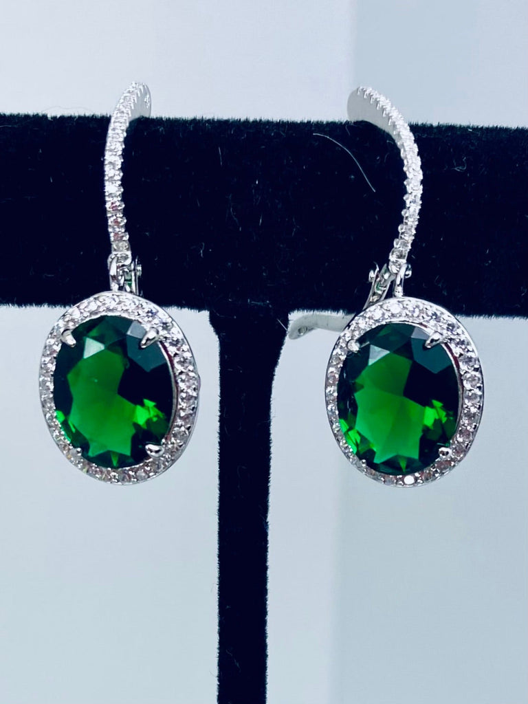 Emerald Earrings, Halo CZ accents, Sterling silver filigree, Silver Embrace Jewelry, Art Deco Jewelry, E228