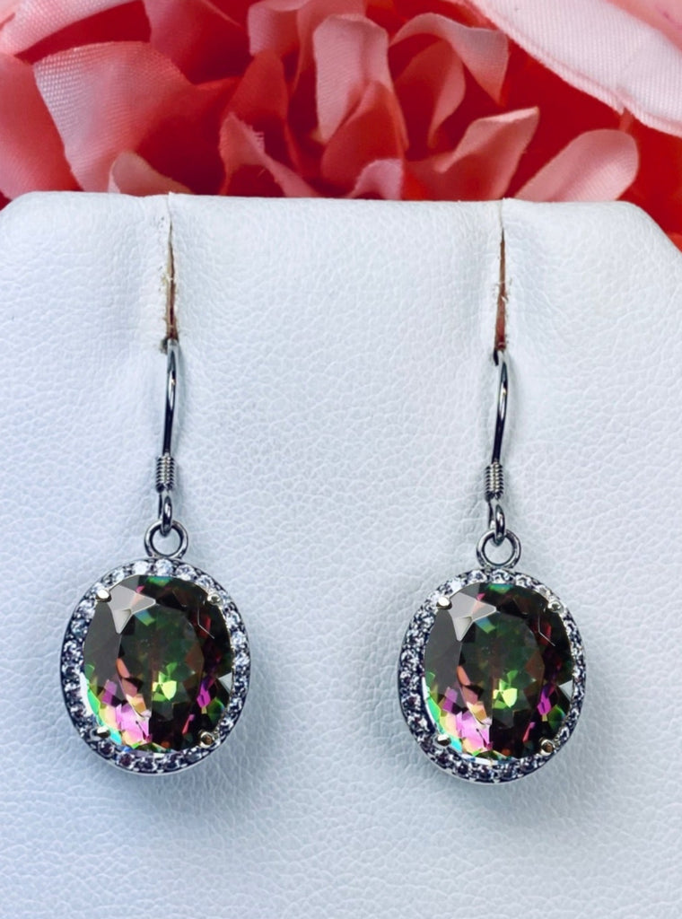 Natural Mystic Topaz Earrings, Halo CZ accents, Sterling silver filigree, Silver Embrace Jewelry, Art Deco Jewelry, E228