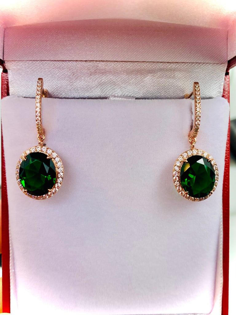 Emerald Earrings, with Rose Gold filigree, an emerald gemstone surrounded by sparkling CZs with delicate rose gold filigree, latch back hooks with CZs, Halo Earrings, E228, Silver Embrace Jewelry