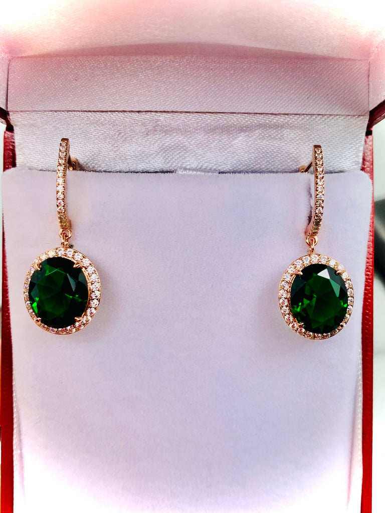 Emerald Earrings, with Rose Gold filigree, an emerald gemstone surrounded by sparkling CZs with delicate rose gold filigree, latch back hooks with CZs, Halo Earrings, E228, Silver Embrace Jewelry