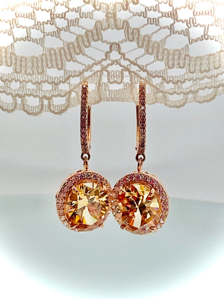 Peach CZ Earrings, Rose Gold Filigree, latchback earrings, Halo Earrings, E228, Silver Embrace Jewelry