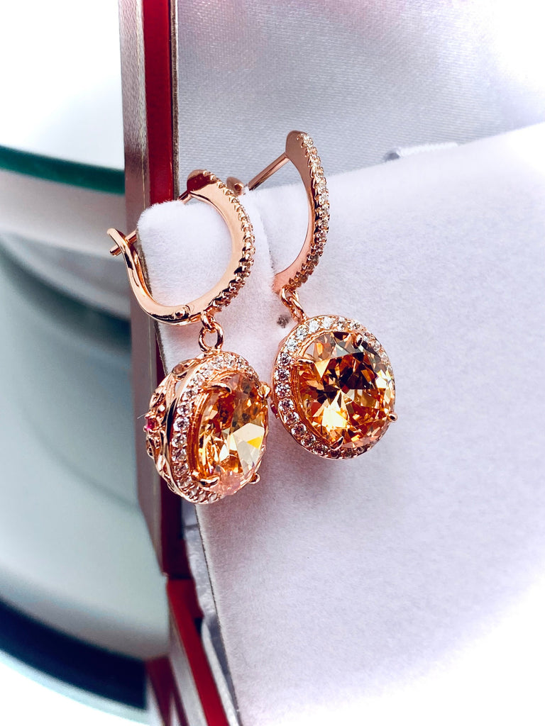 Peach CZ Earrings, Rose Gold Filigree, latchback earrings, Halo Earrings, E228, Silver Embrace Jewelry