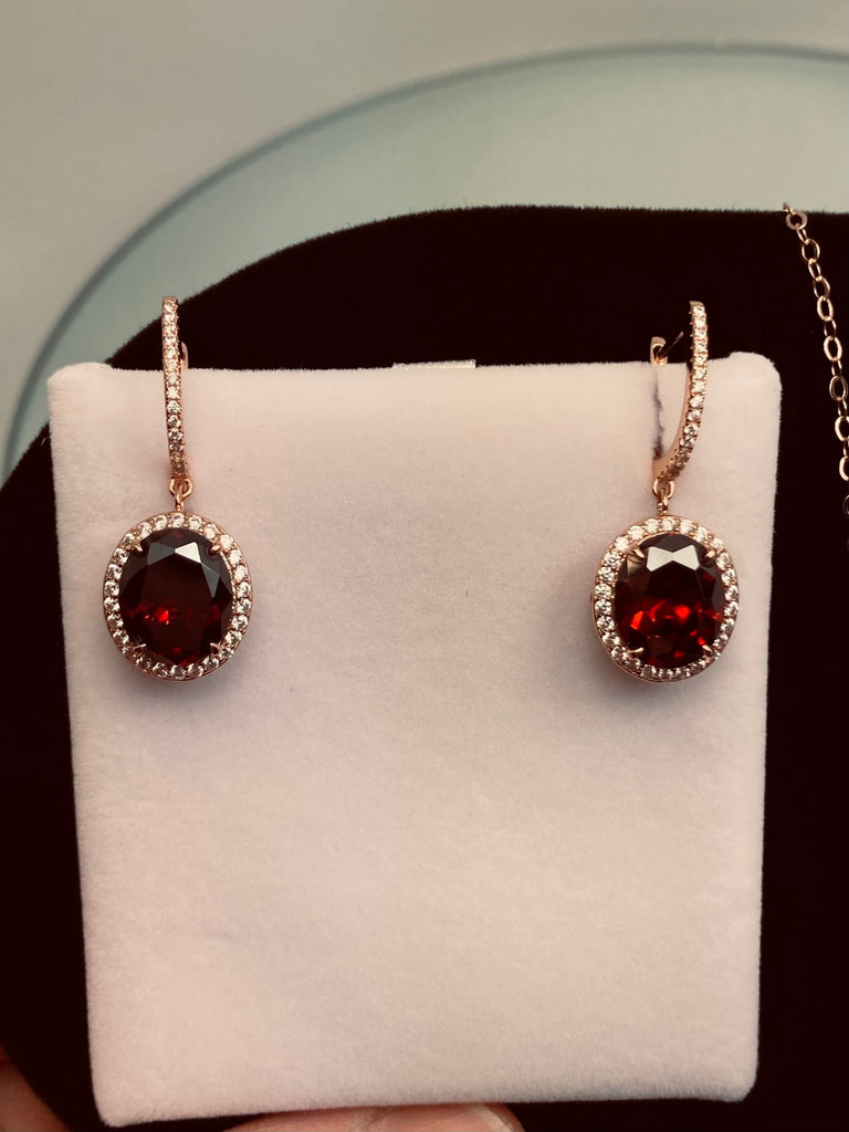 RED Garnet CZ Earrings, Rose Gold Filigree, latchback earrings, Halo Earrings, E228, Silver Embrace Jewelry