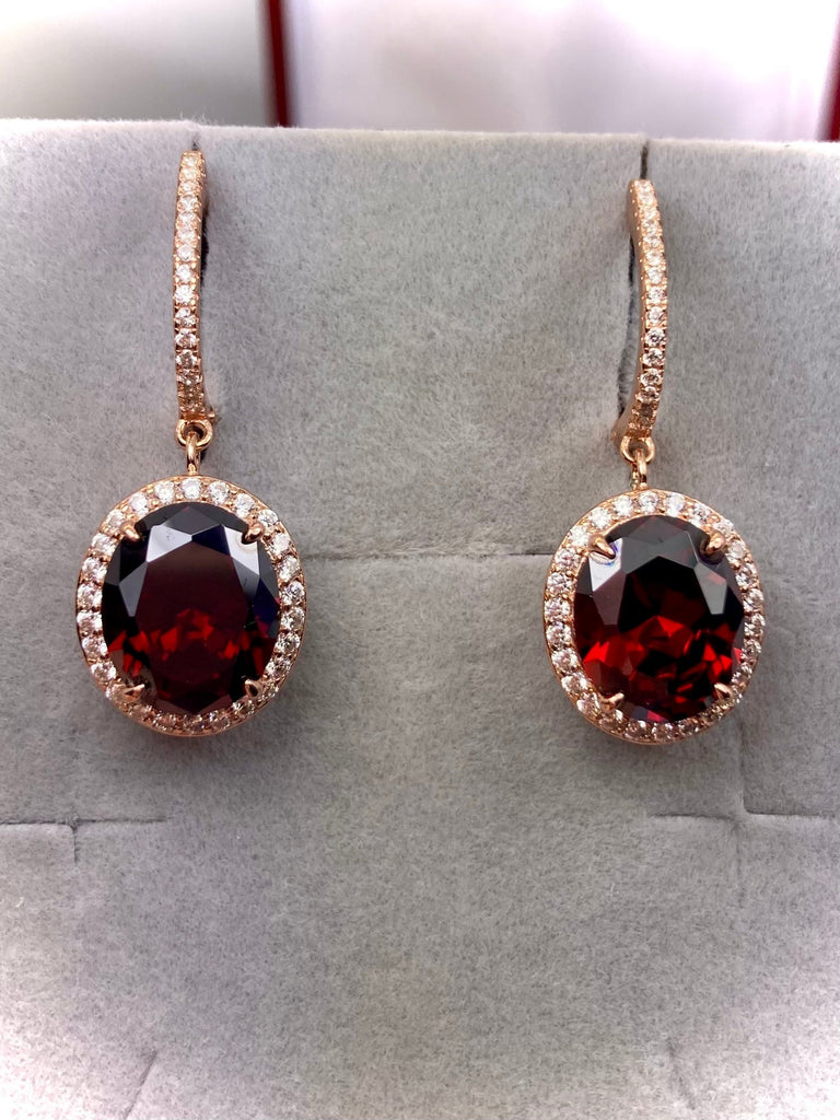 RED Garnet CZ Earrings, Rose Gold Filigree, latchback earrings, Halo Earrings, E228, Silver Embrace Jewelry