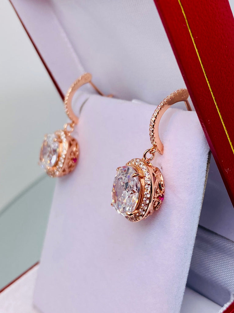 White CZ Earrings, with Rose Gold filigree, a bright sparkling CZ gemstone surrounded by more sparkling CZs with delicate rose gold filigree, latch back hooks with more CZs, Halo Earrings, E228, Silver Embrace Jewelry 
