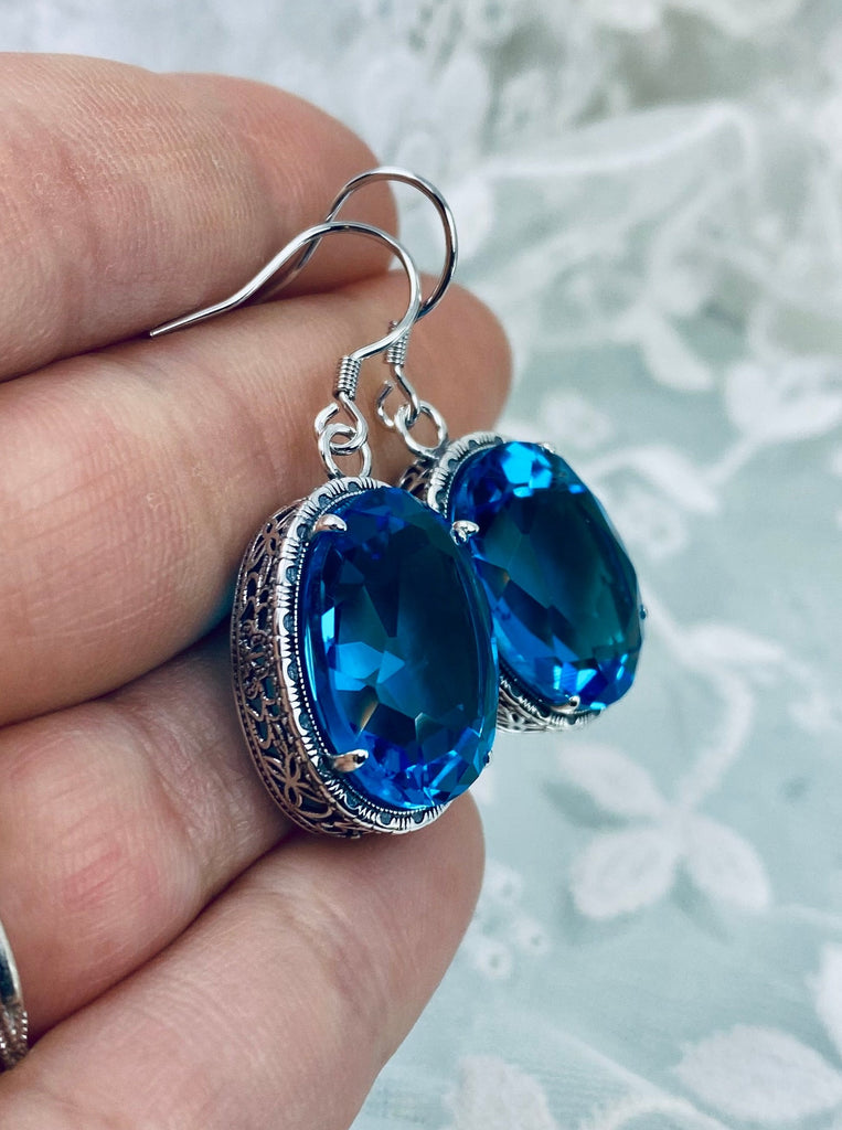 Swiss Blue Earrings, Oval Gemstones, Victorian Filigree, Persian E230, Silver Embrace Jewerly