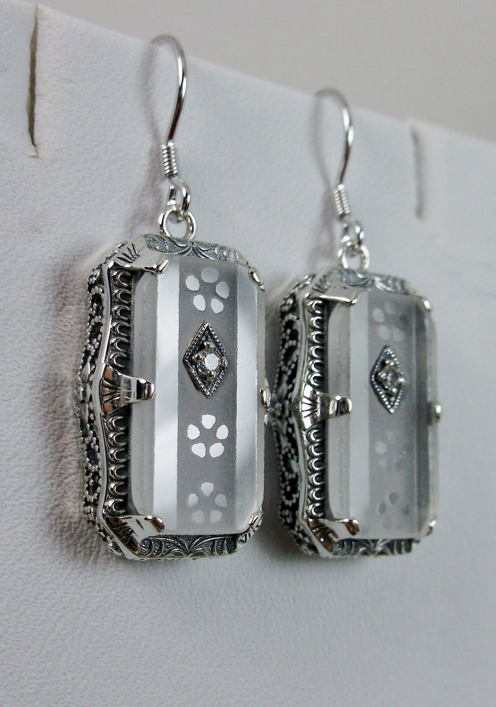 Earrings, frosted white carved camphor glass, sterling silver filigree, 1915 design #E232, Silver Embrace Jewelry