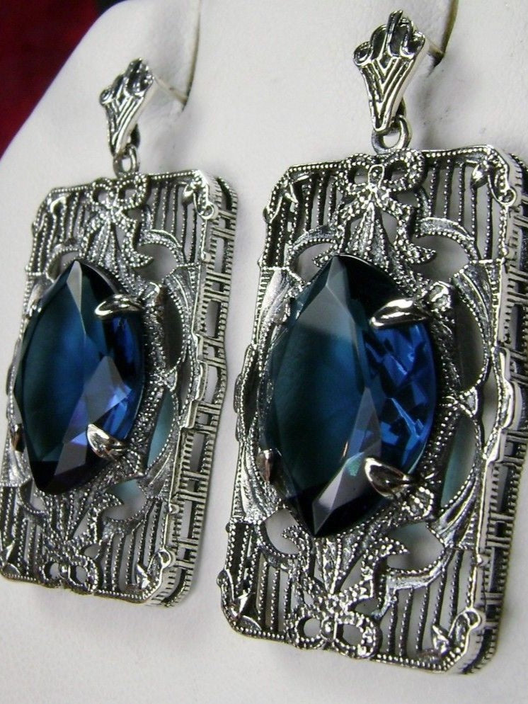 Blue Sapphire  Earrings, Sterling Silver Art deco Filigree, Vintage Jewelry, Silver Embrace Jewelry, Antoinette Earrings, E24