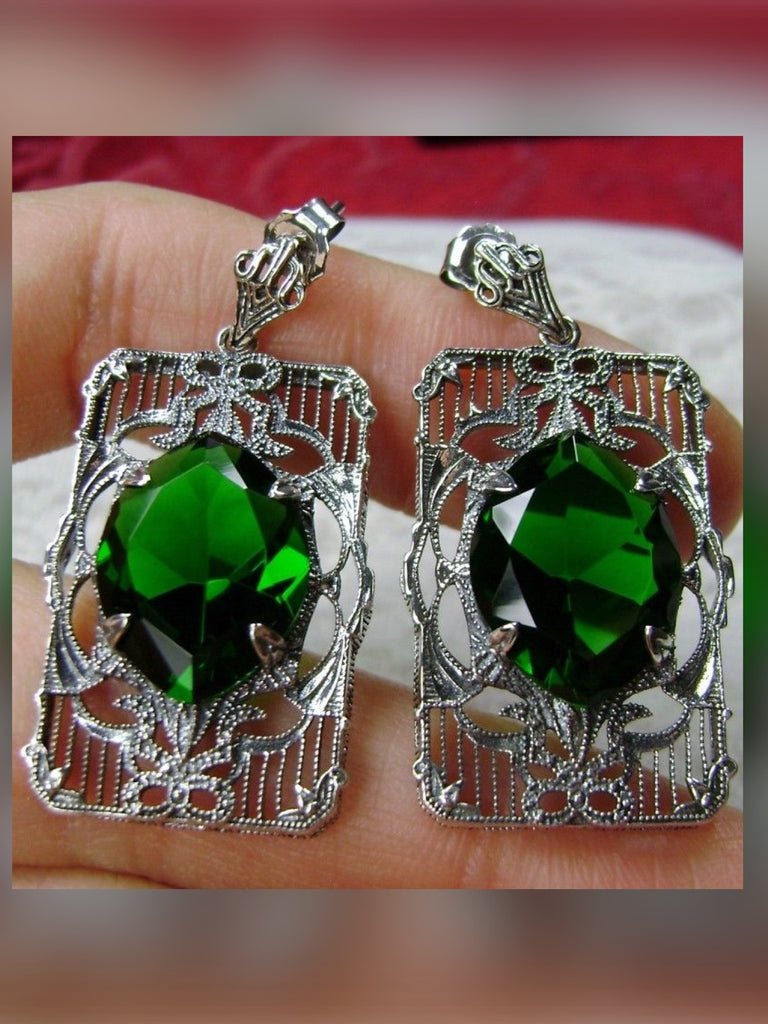 Green Emerald Earrings, Sterling Silver Art deco Filigree, Vintage Jewelry, Silver Embrace Jewelry, Antoinette Earrings, E24