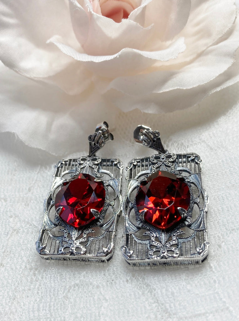 Red Garnet CZ (Cubic Zirconia) Earrings, Sterling Silver Art deco Filigree, Vintage Jewelry, Silver Embrace Jewelry, Antoinette Earrings, E24